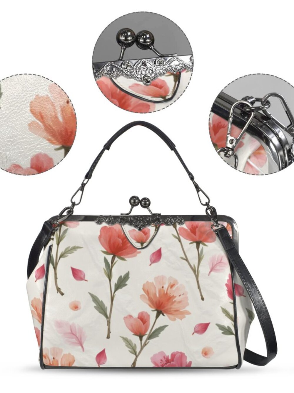 🌹Rose Floral Kisslock Crossbody Bag Vintage Clasp Waxed PU Shoulder Purse👜 - Picture 11 of 11